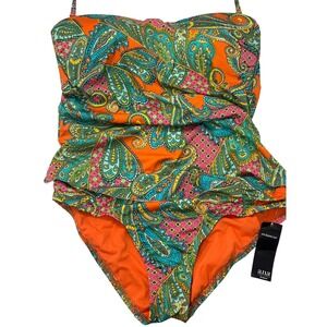 NWT A.N.A Vintage Y2K Retro Two Piece Tankini Swimsuit Orange Paisley Size 8